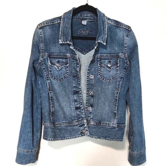 Y2K Silver Jeans Denim Button Up Cropped Fitted Jacket Women's Size Large - Picture 1 of 15